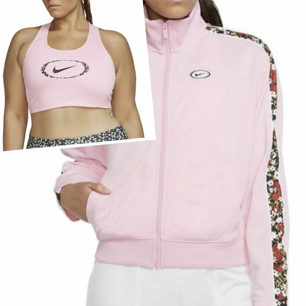 Nike Full Zip Jacket and Sports Bra Set Pink With Floral On Sleeves